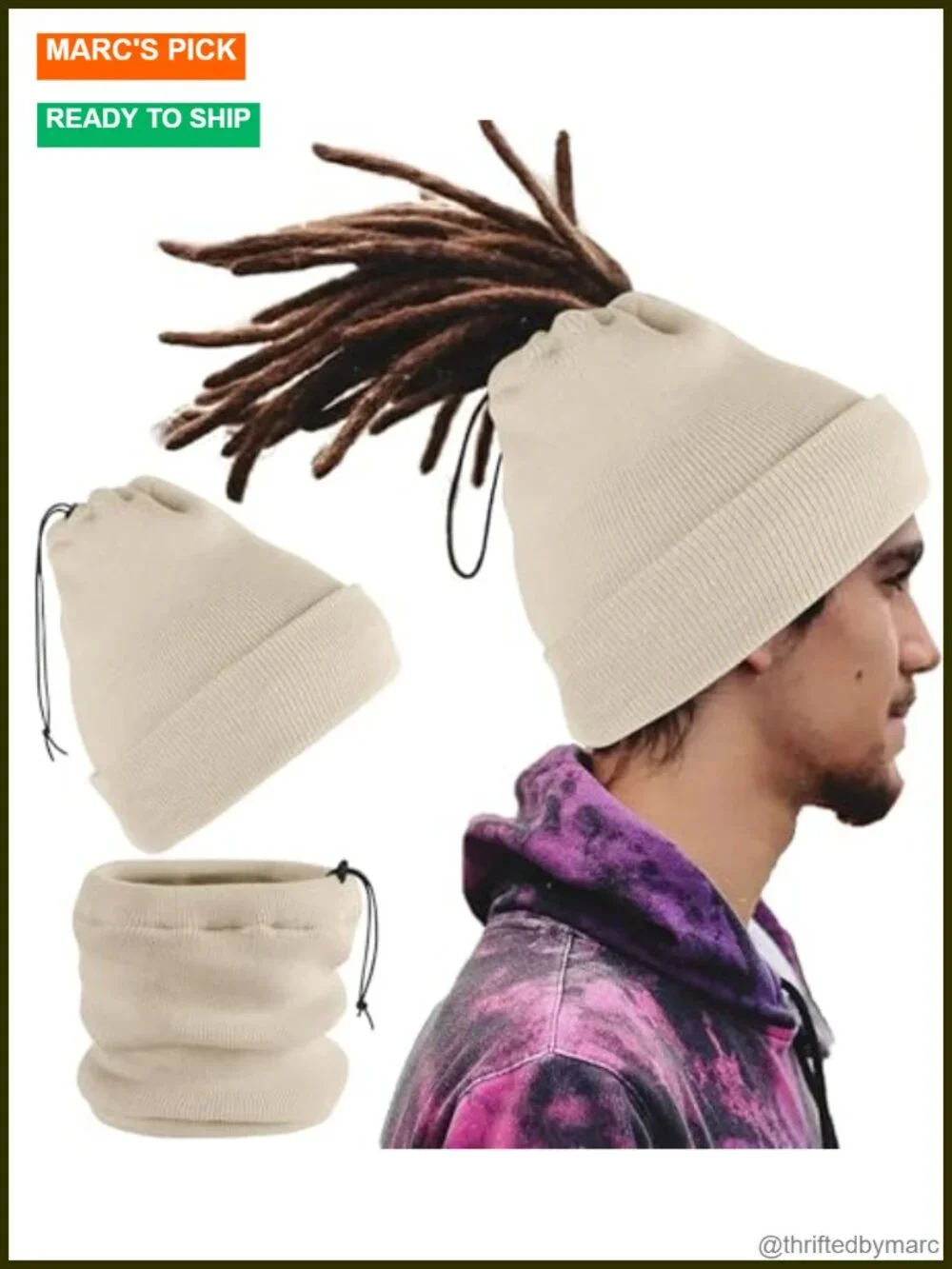 Satin Lined Knit Beanie with Ponytail Hole for Dreadlock Thick Hair